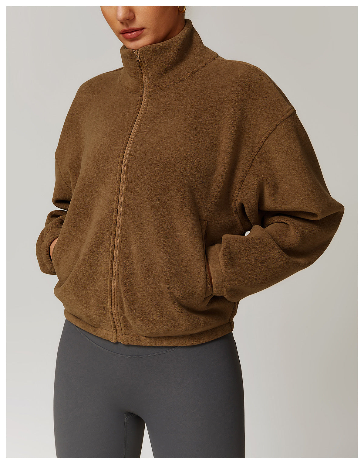 Brown zip-up Polar Fleece Thick Warm Jacket with a high collar, ideal for winter fashion