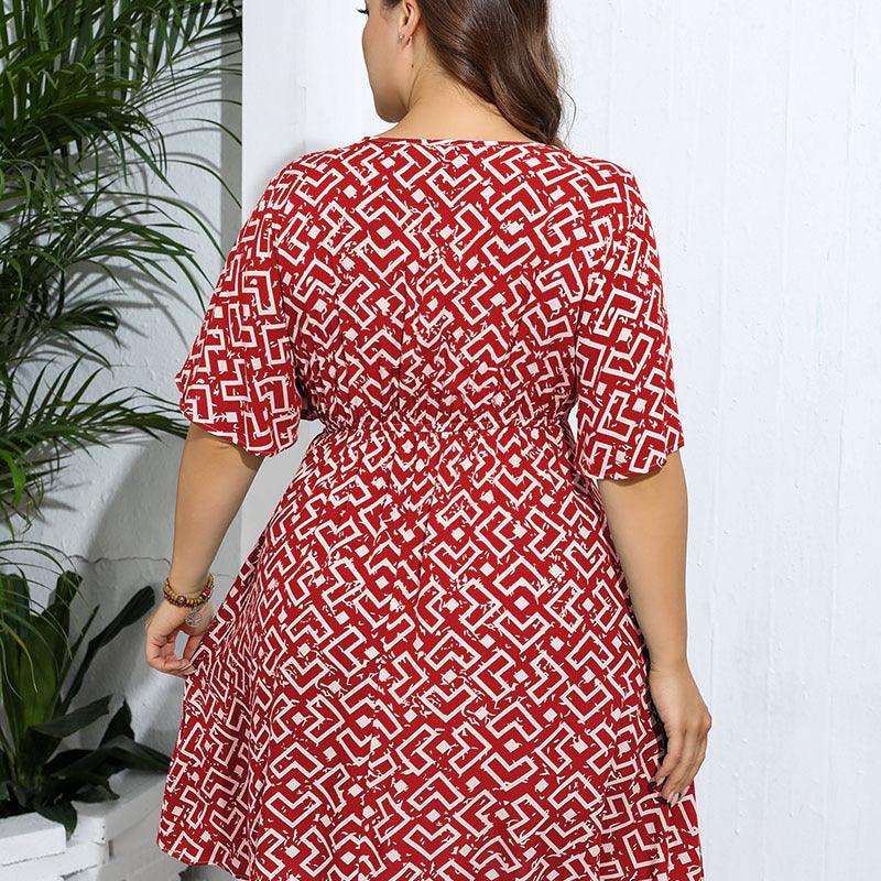Red and white geometric patterned wrap dress with flutter sleeves for casual fashion ملابس