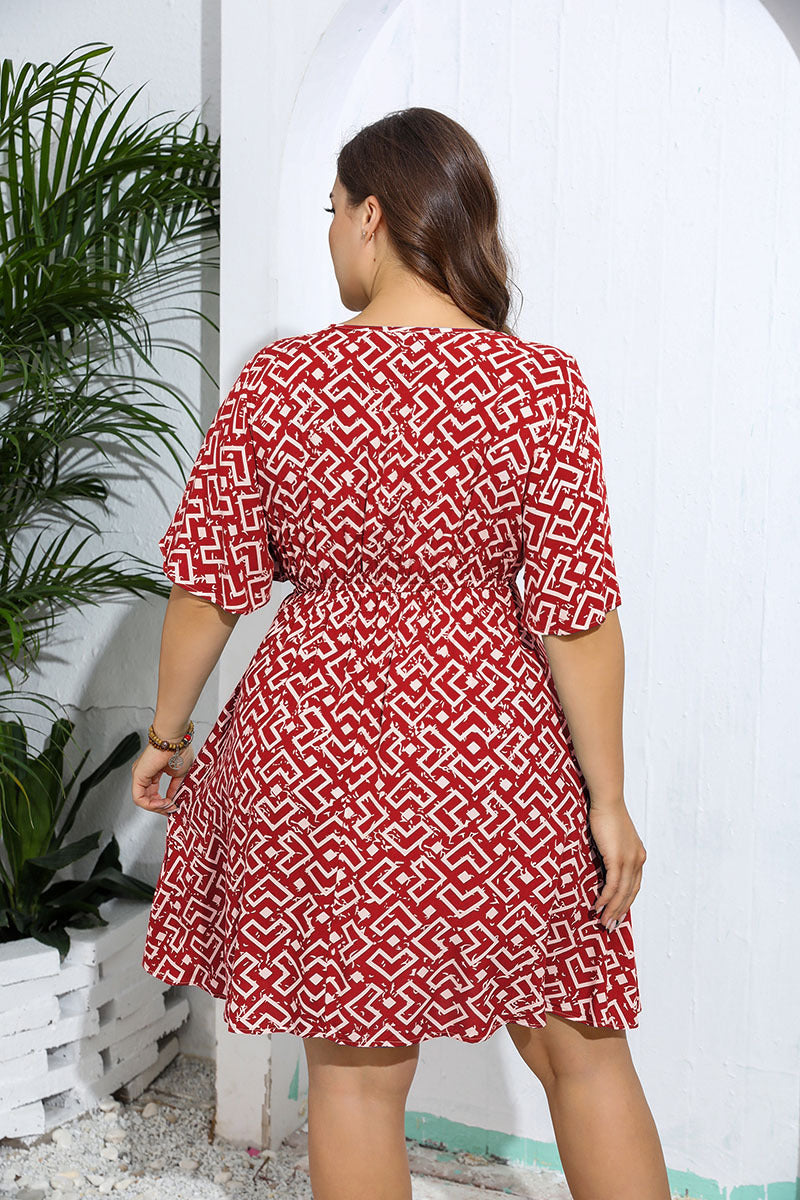 Red and white geometric patterned wrap dress with flutter sleeves for casual fashion ملابس