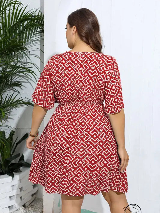 Red and white geometric casual v neck loose dress with flutter sleeves