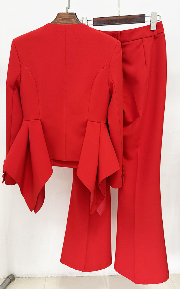 Langry fashion red bell-sleeve blazer and bootcut pants set in smooth wool fabric