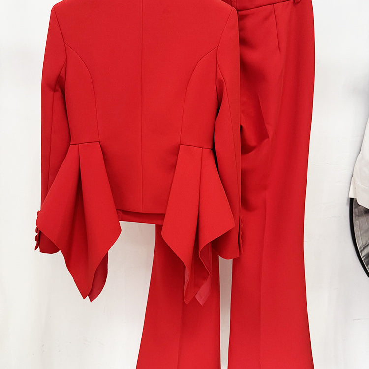 Langry fashion red bell-sleeve blazer and bootcut pants set in smooth wool fabric
