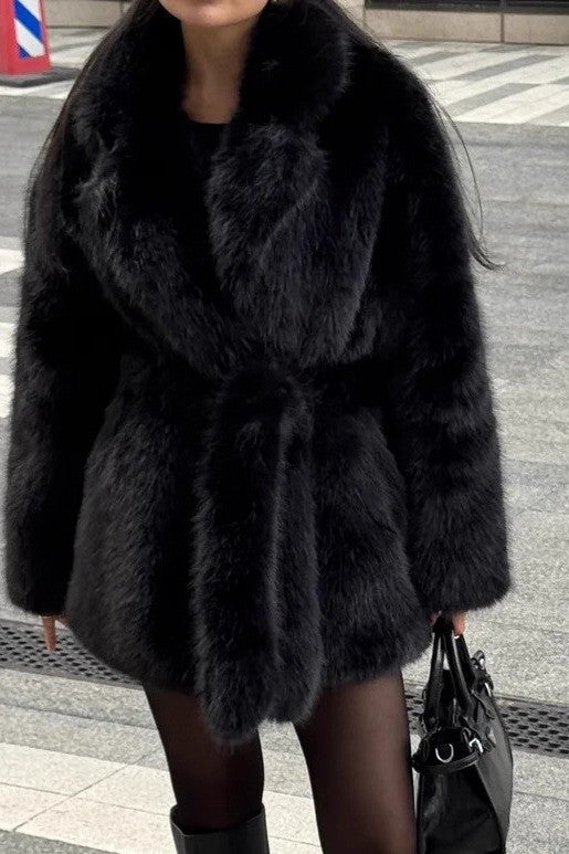 Langry black faux fur mid-length belt coat with oversized collar