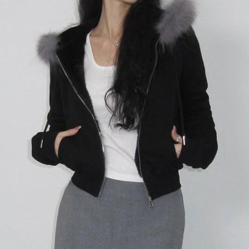 Black jacket with fur hood from Retro Loose Fur Warm Coat for stylish fashion and ملابس needs