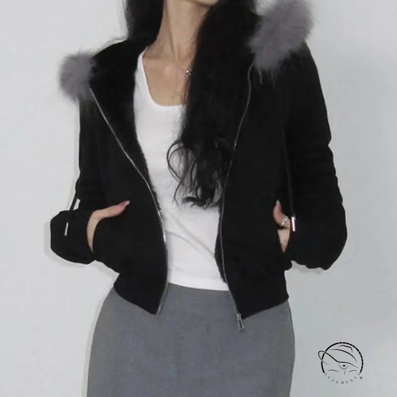 Retro loose fur warm coat in black with langry fashion hood