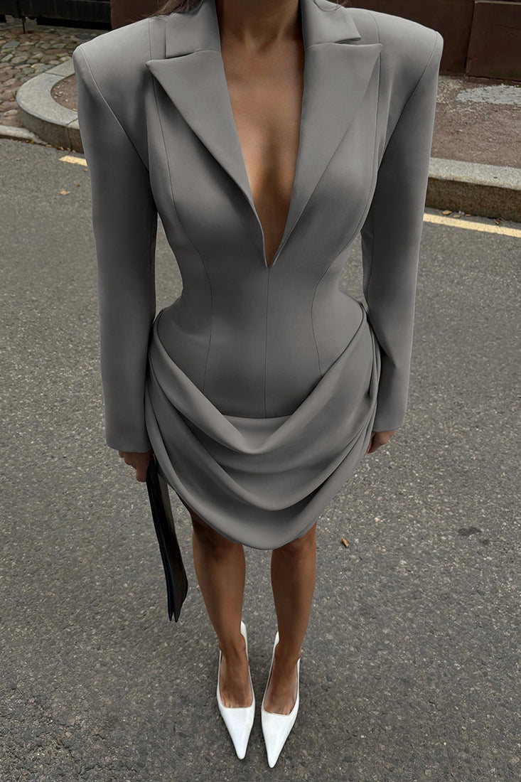 Slim deep V plunge neck gray blazer dress with ruched detailing and white high heels, Langry fashion ملابس