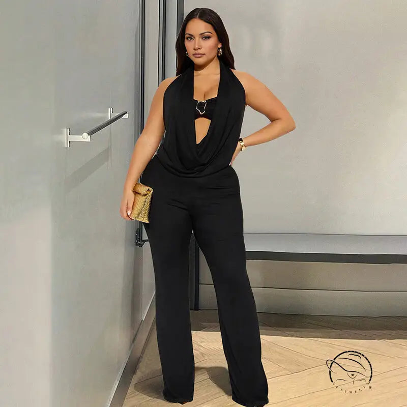 Langry fashion black halter deep V plunge backless jumpsuit with cutout detail