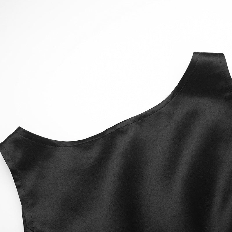 Satin Black Vest for Summer Adult Lady-like Women Hip Socialite Elegant Backless Line Dress