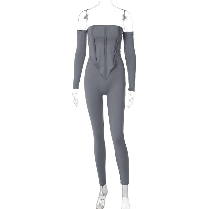 Gray off-the-shoulder corset top and leggings set with long sleeve shoulder collar design