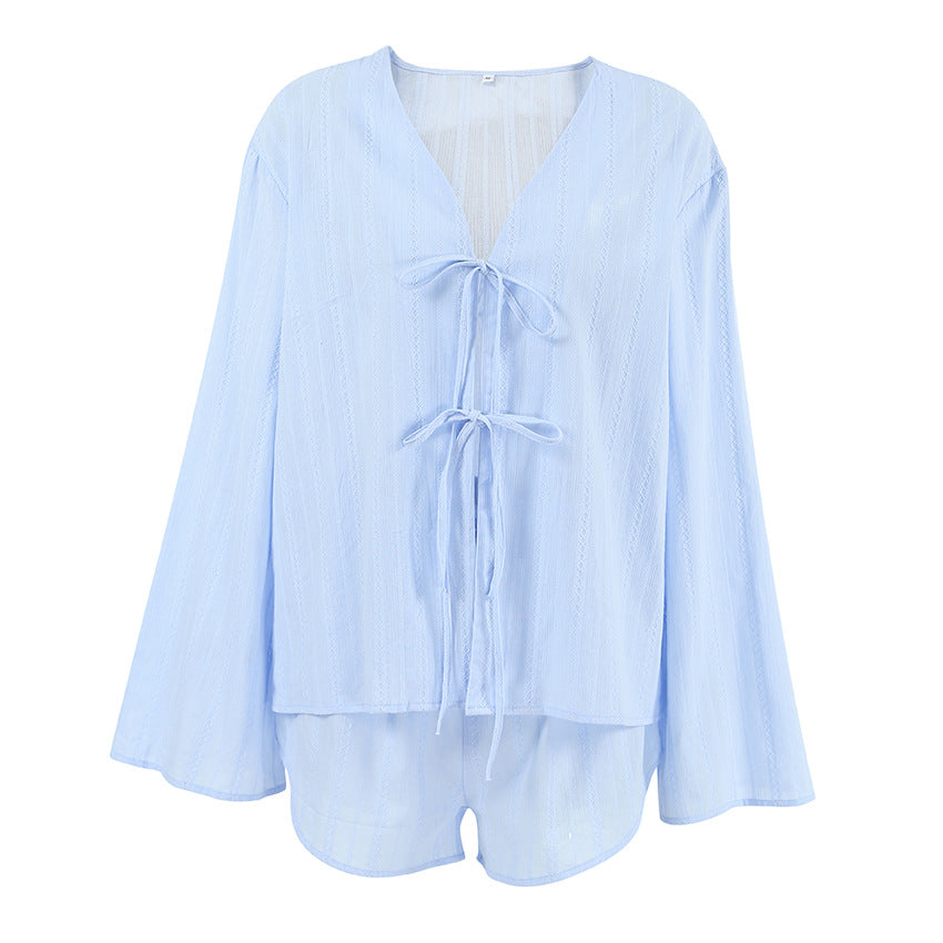 Light blue pure cotton homewear set with long sleeves and tie closures