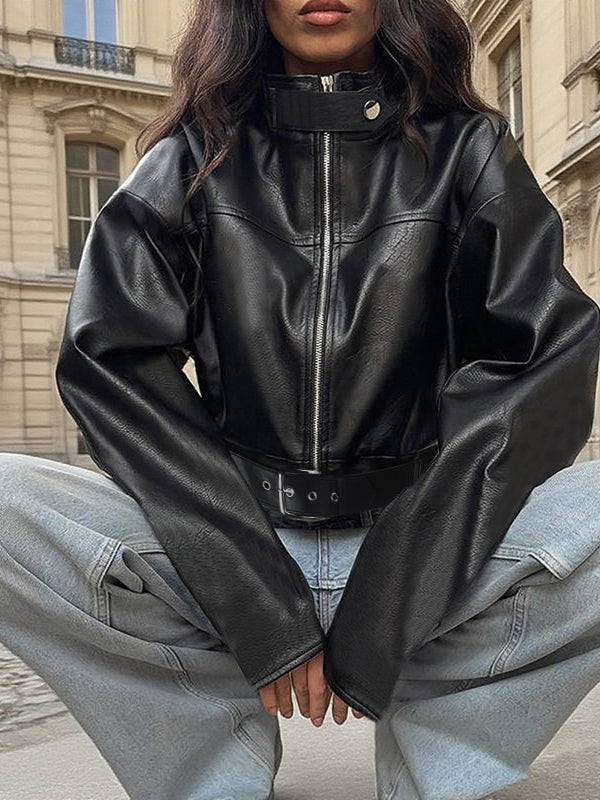 Fashionable Langry faux leather jacket with high collar and zipper details