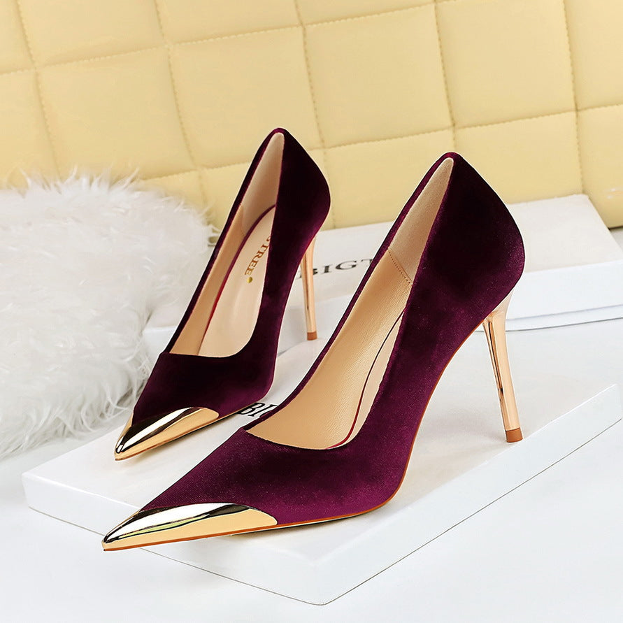 Burgundy suede cocktail luxury high heels with metallic gold pointed toe caps