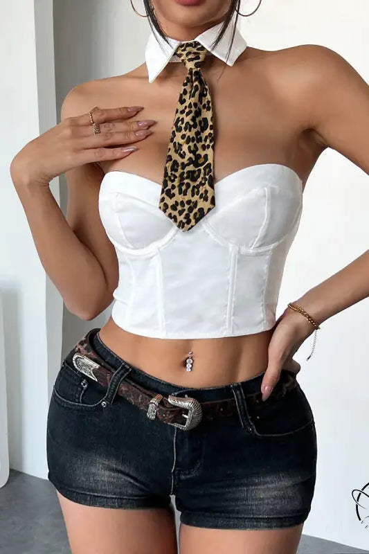 White wild leopard halter corset crop top with tie and collar