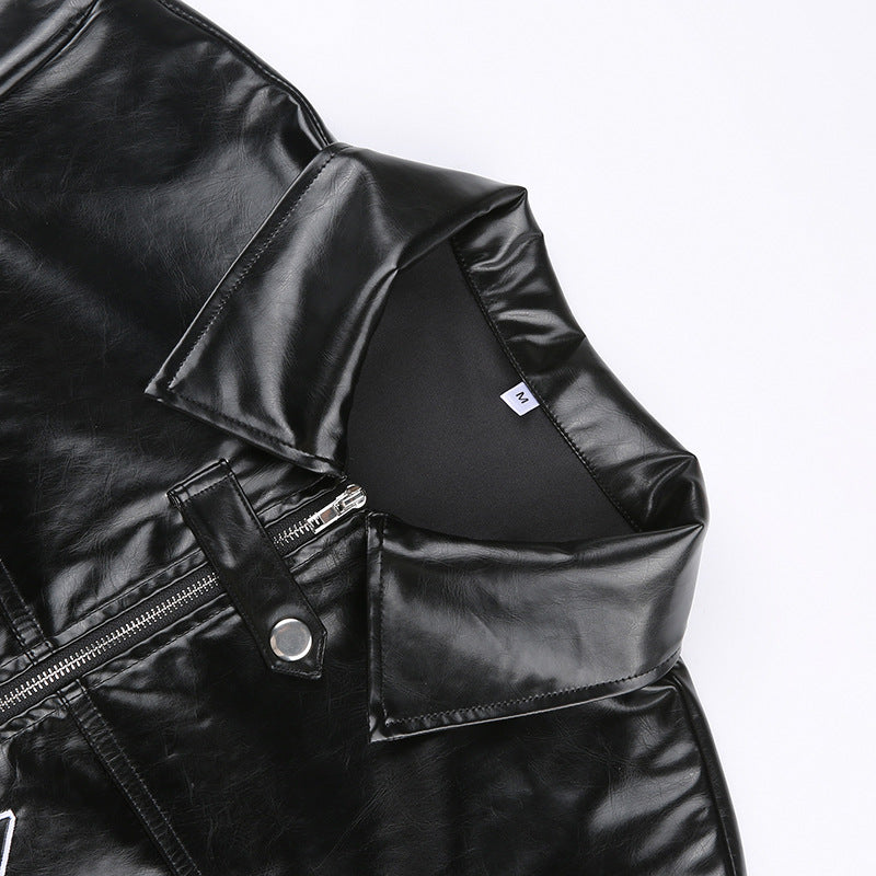 Shiny black faux leather short leather jacket with Letter Graphic Embroidery