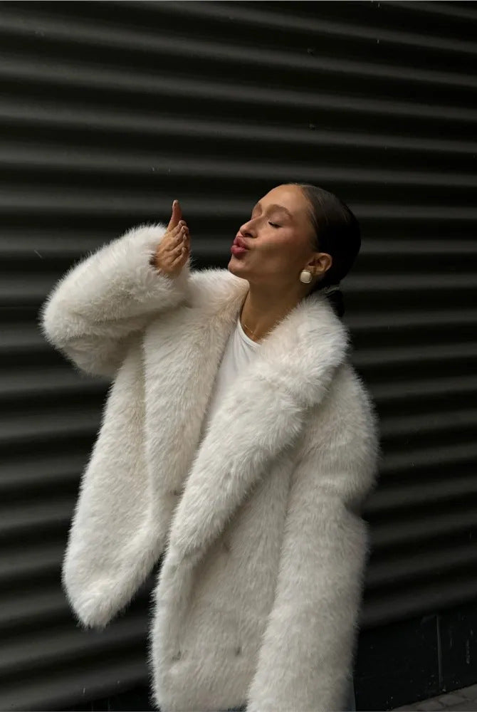 Winter Warm Faux Fur Coat with Pearl Earrings
