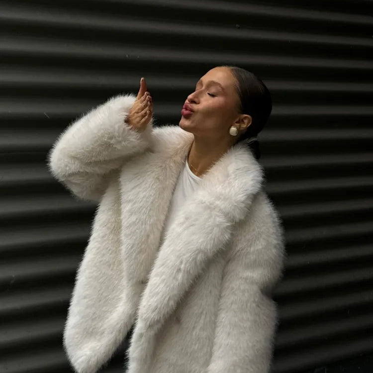 Winter Warm Faux Fur Coat with Pearl Earrings