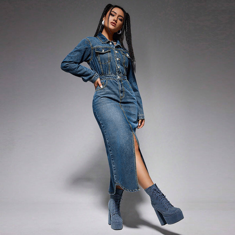 Split denim maxi dress featuring long sleeves, collared design, button front, and high slit