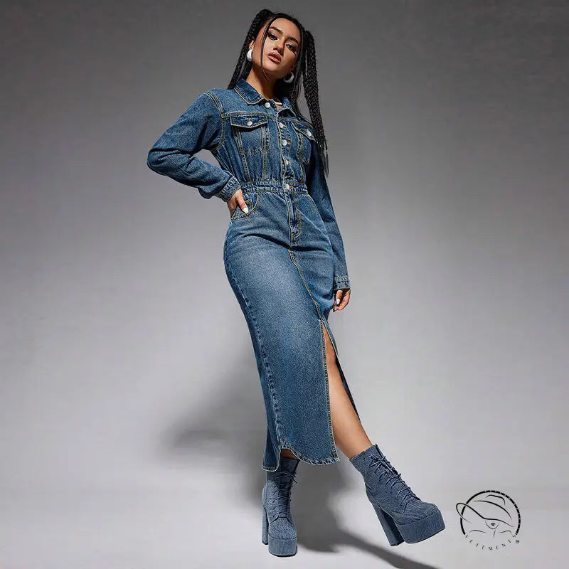 Split denim maxi dress with long sleeves, collar, buttons, and high slit