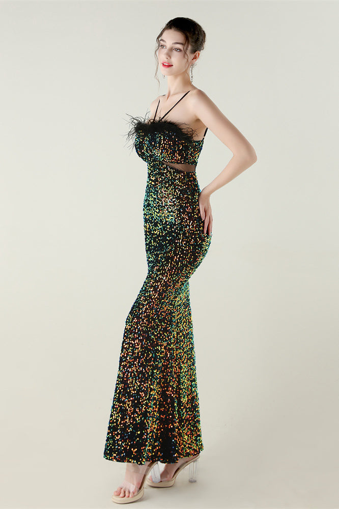 Langry green sequined strapless ostrich feather evening gown in fashion ملابس