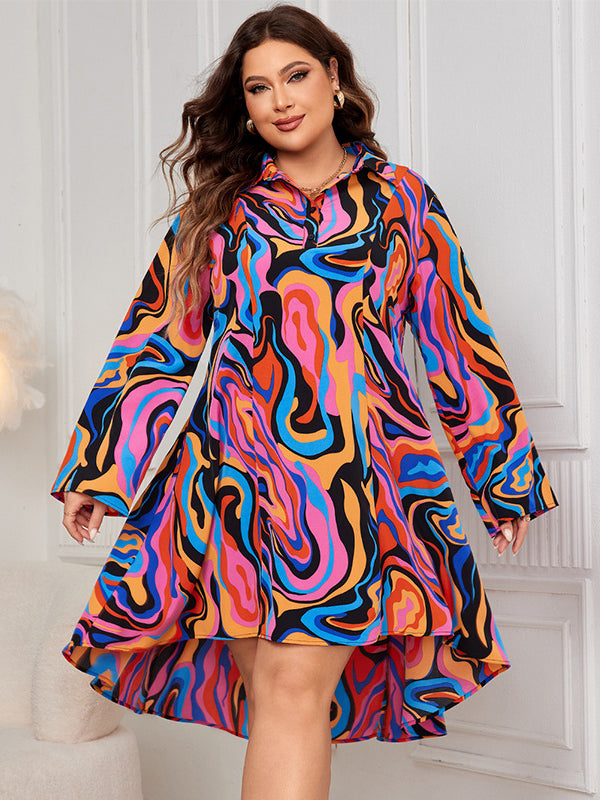 Vibrant multicolored abstract swirl print polo collar loose maxi dress with high-low hem