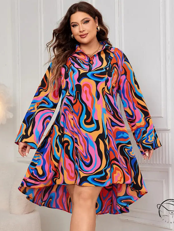 Vibrant multicolored abstract swirl polo collar loose maxi dress
