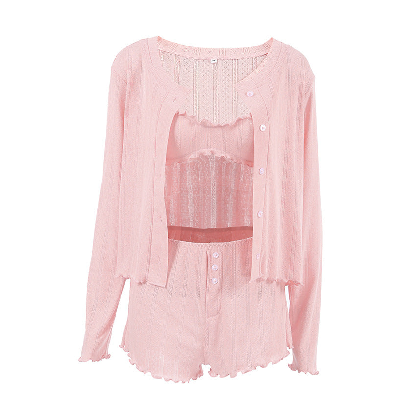 Pink ribbed knit breathable long pajamas set with cardigan, camisole, and shorts for women