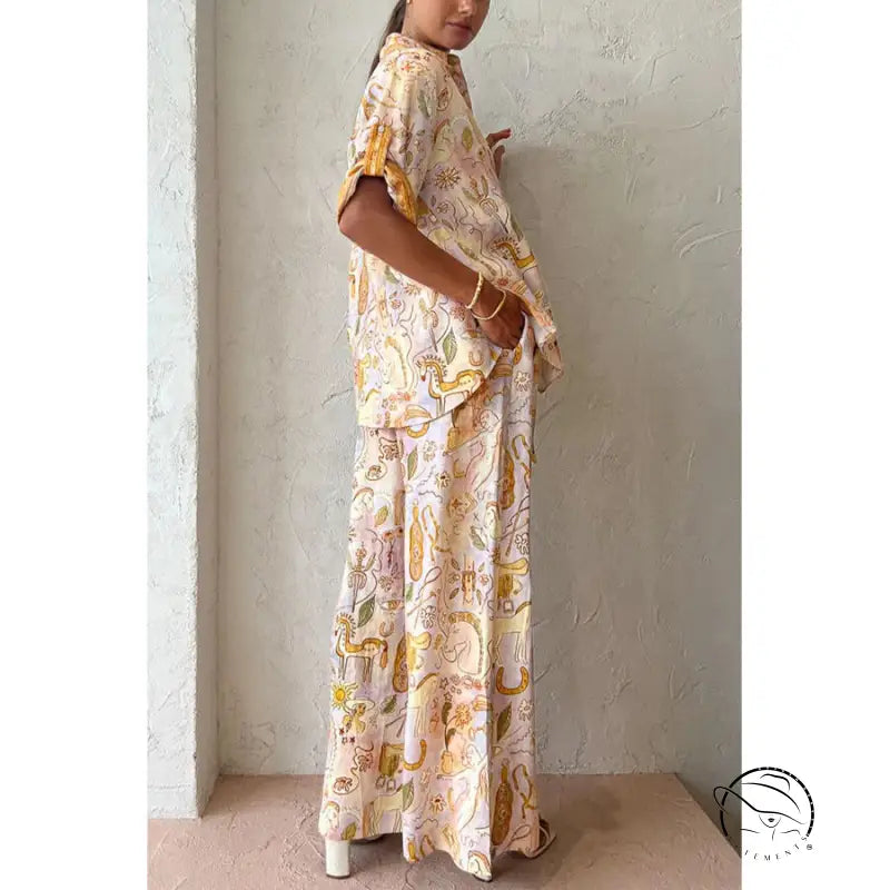 Summer casual patterned pajama set with pockets for women