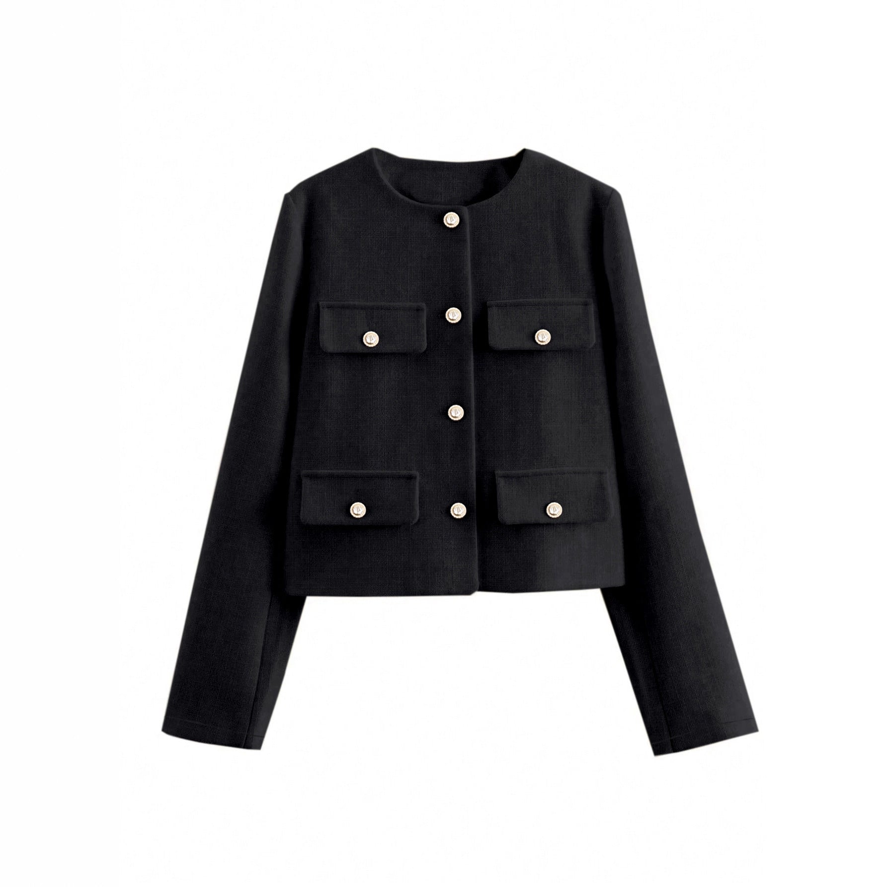 Black round neck classic autumn short woolen coat with pearl buttons