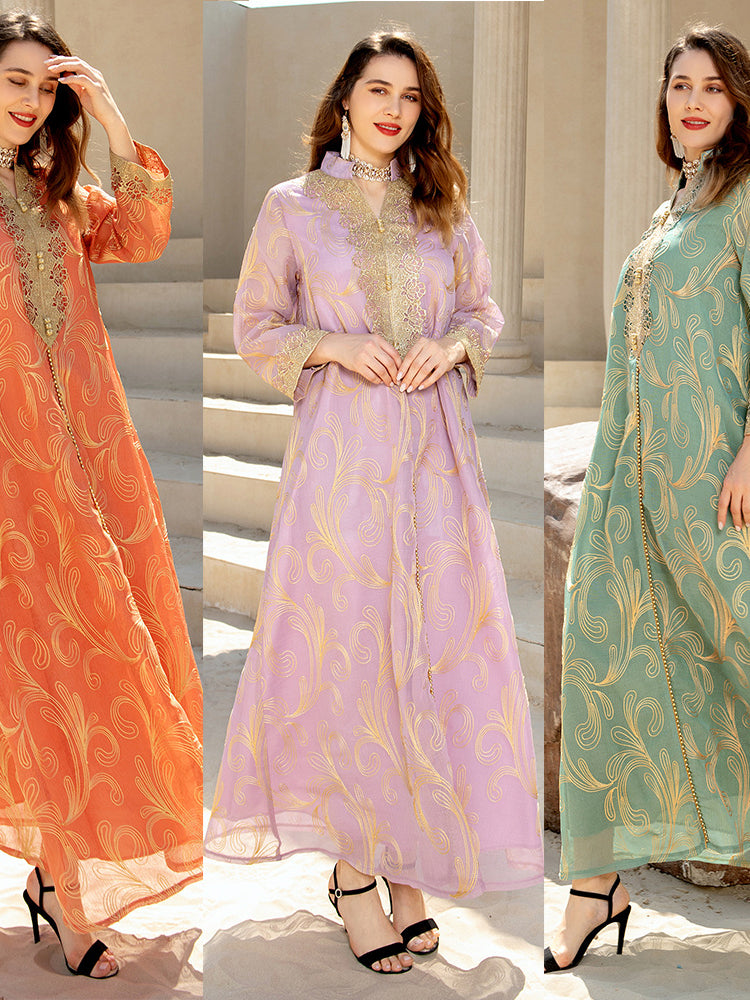 Enchanting Middle East langry fashion dress with orange floral embroidery, high neckline, three-quarter sleeves, and large swing style