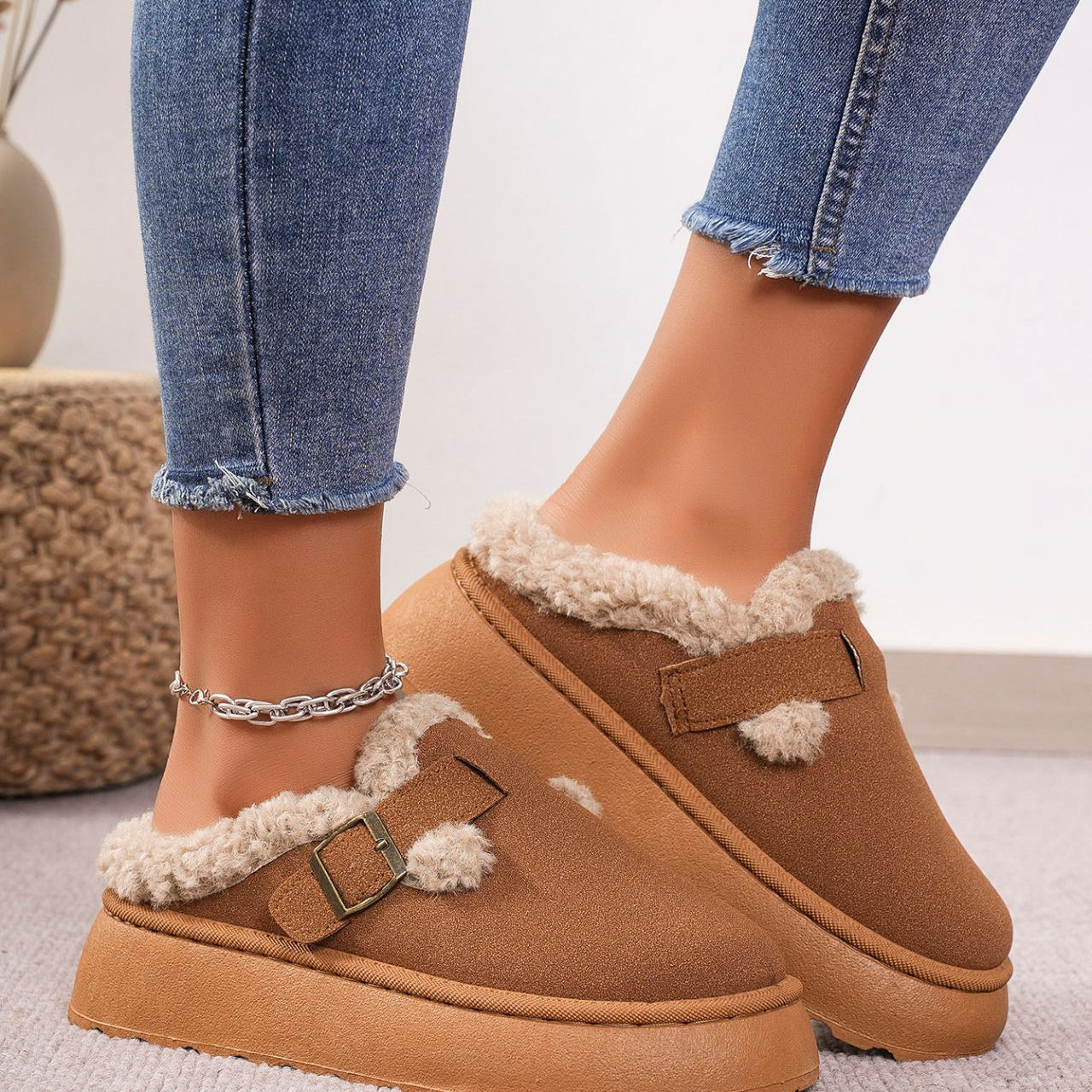 Brown faux-suede platform clogs with faux-fur trim for casual fashion and comfort