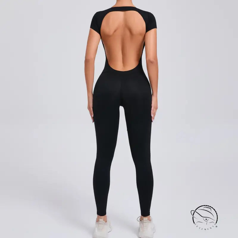 Black form-fitting langry yoga bodysuit with open back cutout