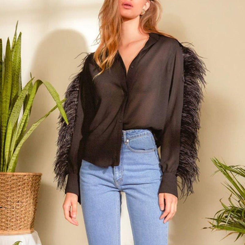 Black long sleeve blouse with feather trim from the Pony Collar Ostrich Feather Stitching Fashion collection