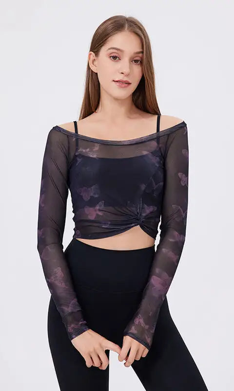 Floral Butterfly Faux Two Piece Sports t Shirt Women Long Sleeve with Chest Pad Yoga Clothes Mesh Top Quick Drying