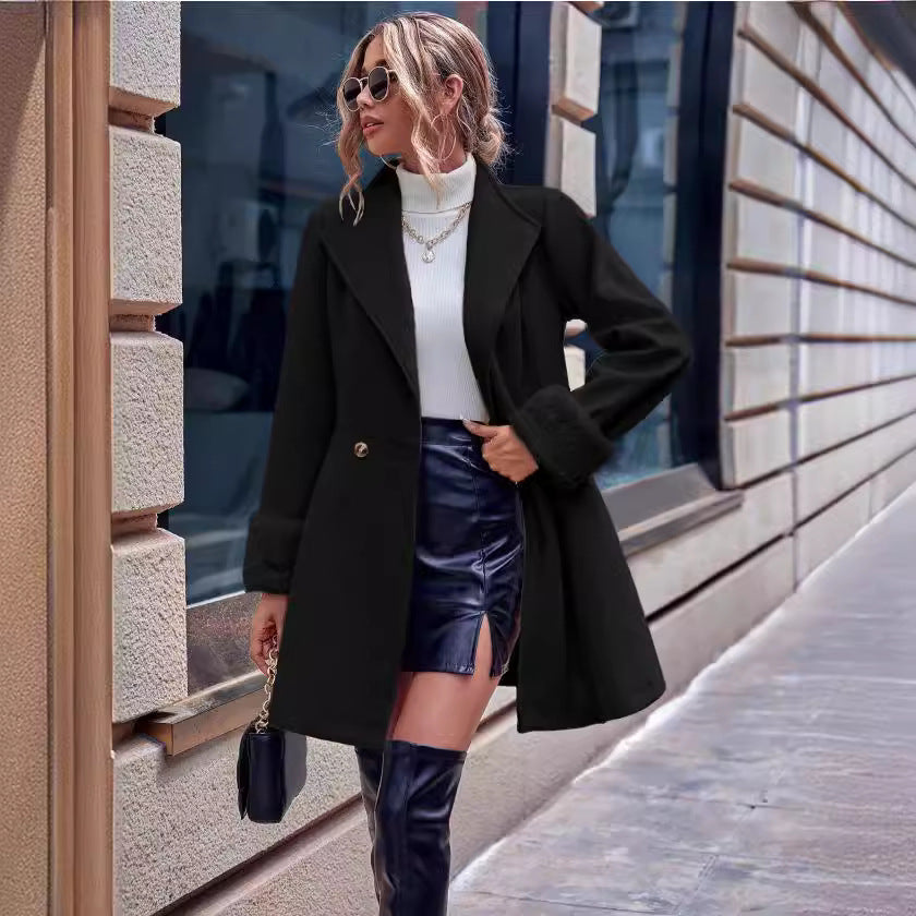 Elegant woman’s black wool coat from Leopard Print Office V Neck Long Sleeve Coat collection, perfect for sophisticated fashion and ملابس