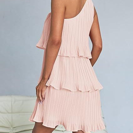 Pink one-shoulder layered stitching hem pleated sleeveless dress showcasing a stunning shoulder design