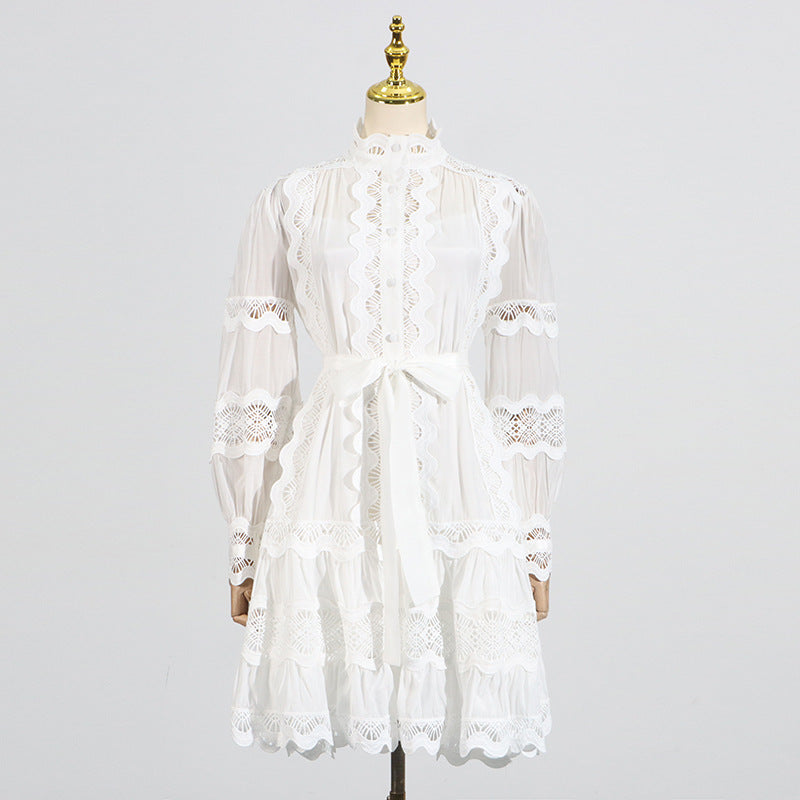 Elegant French Vintage Dress featuring a white lace-trimmed design in fashion ملابس