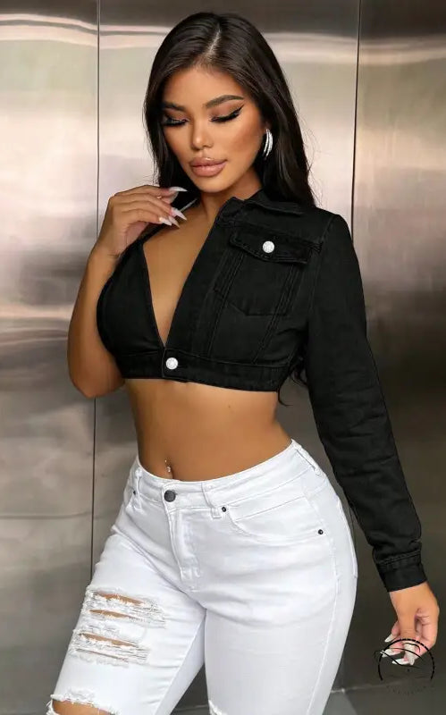 Popular Strap Matching Long Sleeve Denim Top