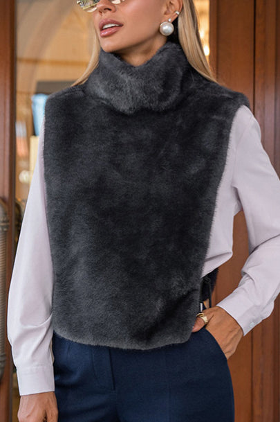 Langry dark gray faux fur vest with high collar and plush texture