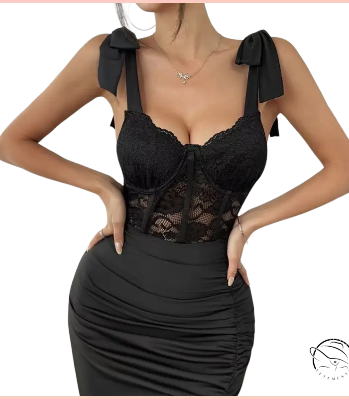 Black lace corset langry top with bow straps in elegant fashion sheath dress