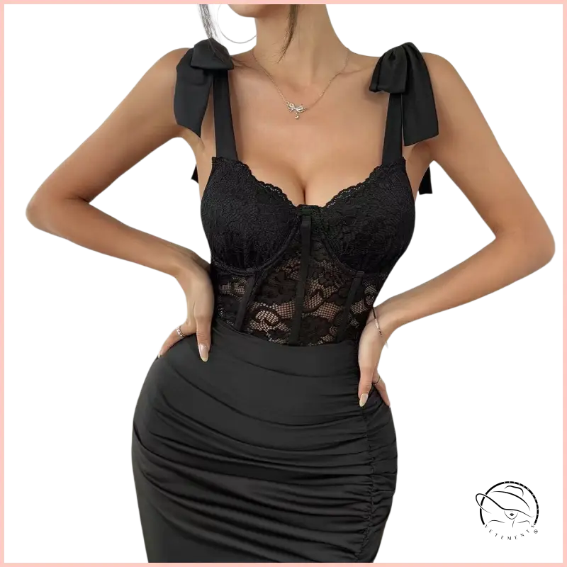Black lace corset langry top with bow straps in elegant fashion sheath dress