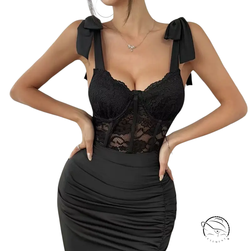 Elegant black lace langry fashion sheath dress with bow straps and ruched skirt