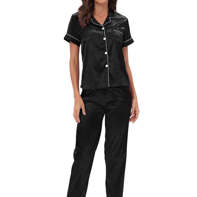 Langry black satin pajama set with piping and button details
