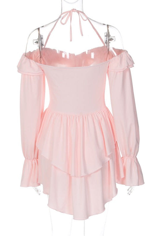 Pink off-the-shoulder long-sleeve sexy halter low cut ruffled dress displayed in HALTER LOW CUT RUFFLED DRESS