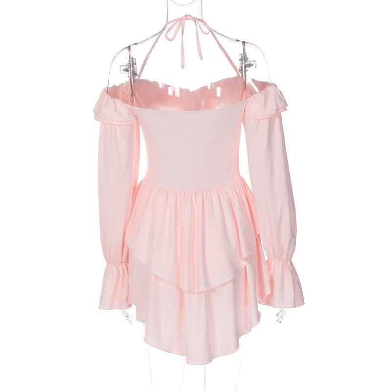 Pink off-the-shoulder long-sleeve sexy halter low cut ruffled dress displayed in HALTER LOW CUT RUFFLED DRESS