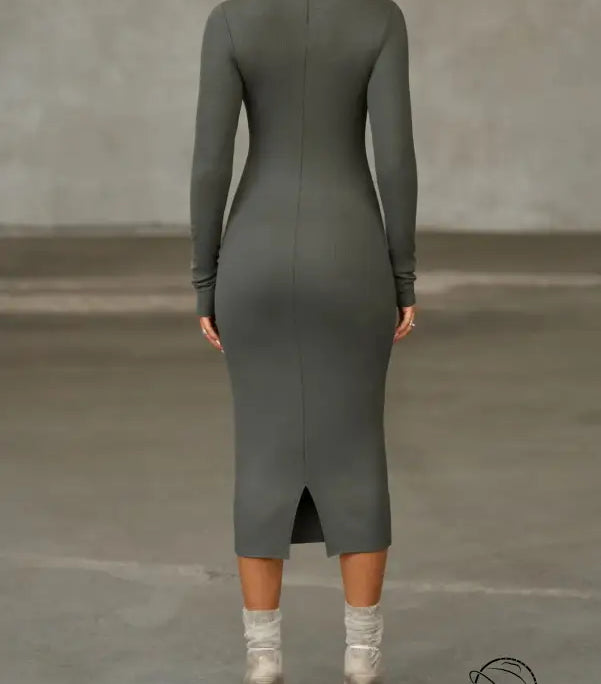 Sleek olive-green langry fashion midi dress with high neckline