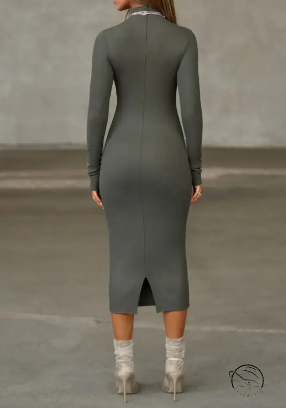 Sleek olive-green langry fashion midi dress with high neckline