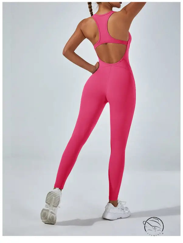 Bright pink langry fashion yoga one-piece jumpsuit with racerback cutout