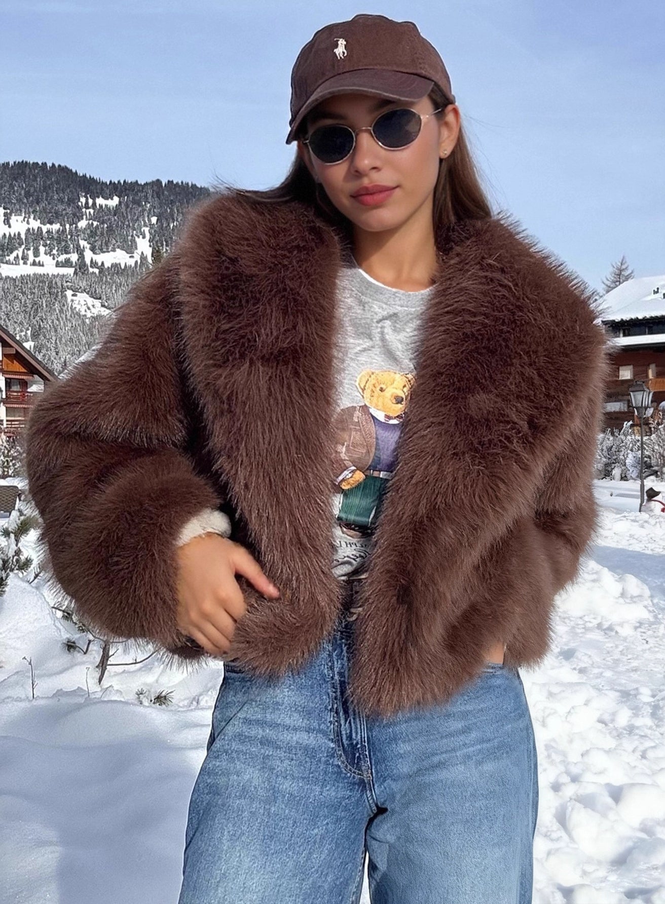 Langry faux fur effect plush coat in brown cropped style