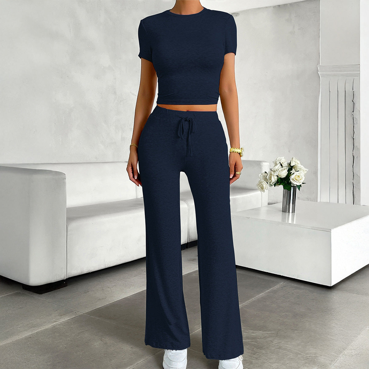 Navy blue langry fashion two-piece loungewear set with cropped top and wide-leg pants