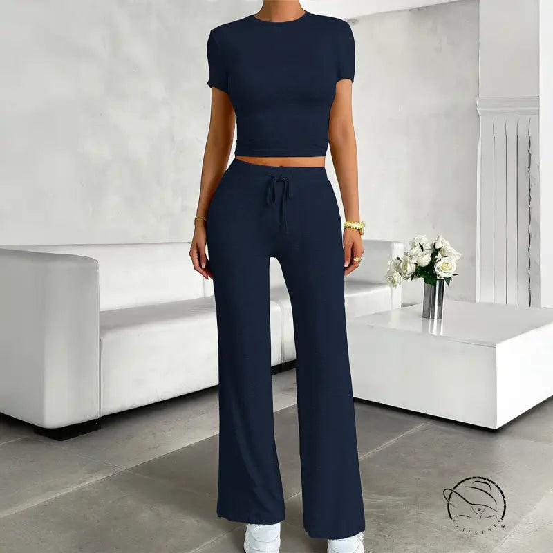 Navy blue langry fashion two-piece loungewear set with cropped top and wide-leg pants